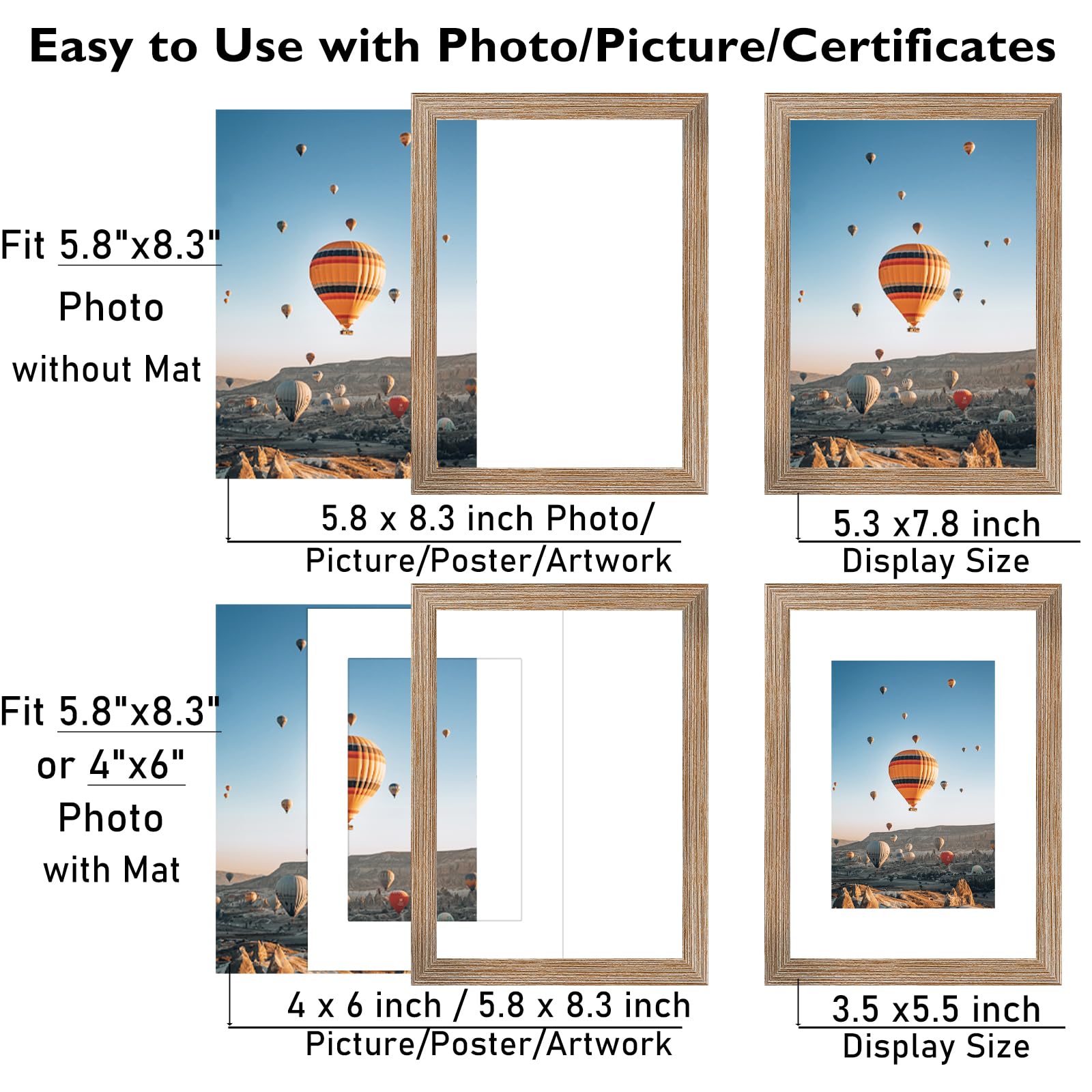 JCJMY 5.8x8.3 A5 Picture Frame with 4x6 Mat for Wall Hanging or Tabletop, Display Photo 4x6 with Mat or 5.8 x 8.3 Without Mat, W