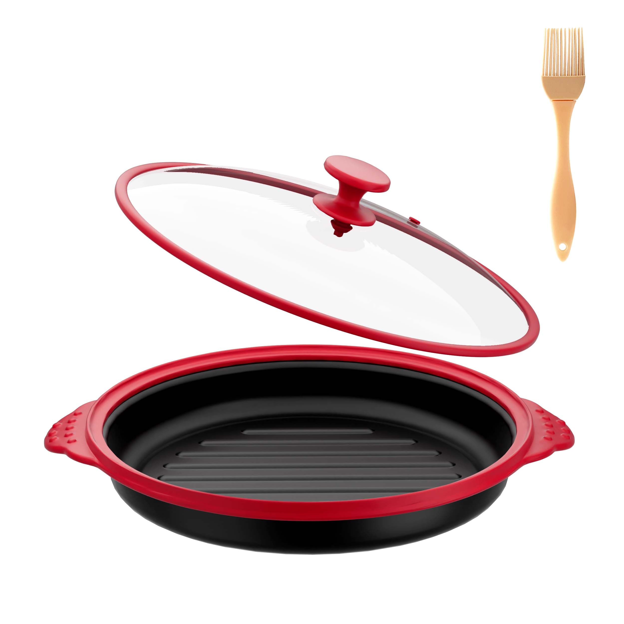 Microwave Grill Pan with Glass Lid, Microwave Griller & Crisper Pan for Grilling, Frying, Browning and Crisping, Multi-Purpose M