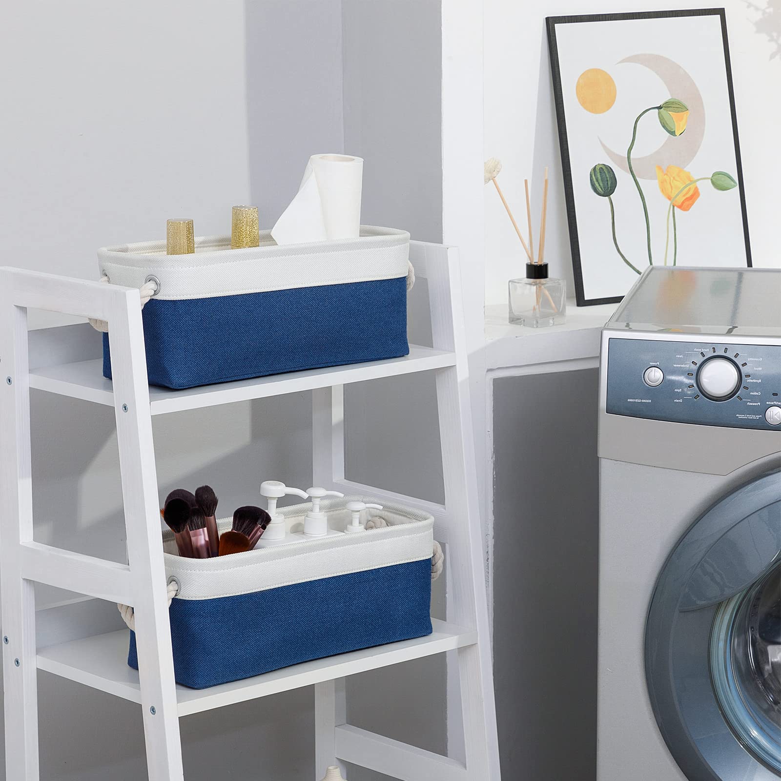 DULLEMELO Toilet Paper Storage Basket  Toilet Paper Basket for Back of Toilet  Bathroom Storage Basket for Cosmetics Towels Toilet Paper  Toilet Tank Basket with Rope Handles for Toilet(White&Blue)