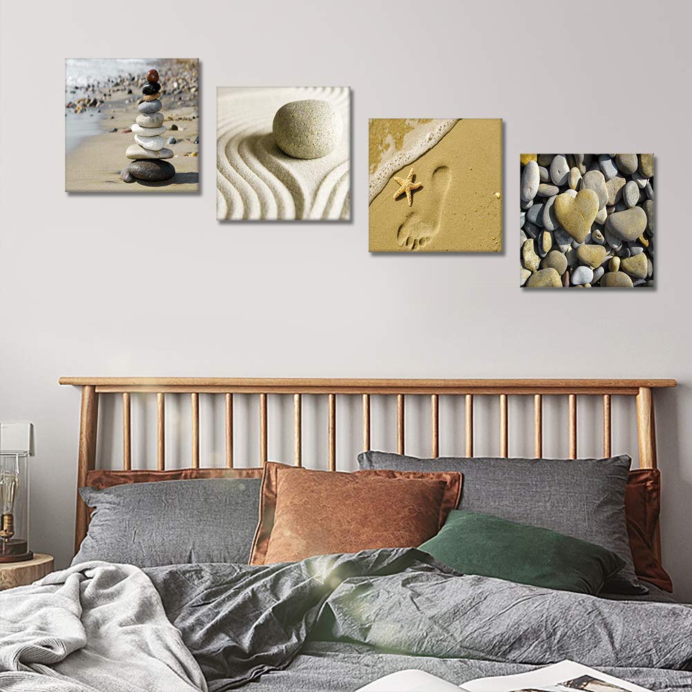 Artscope 4 Pieces Canvas Prints Wall Art - Seaside And Stones Picture Painting- Modern Wall Artwork Framed For Bathroom Home Off