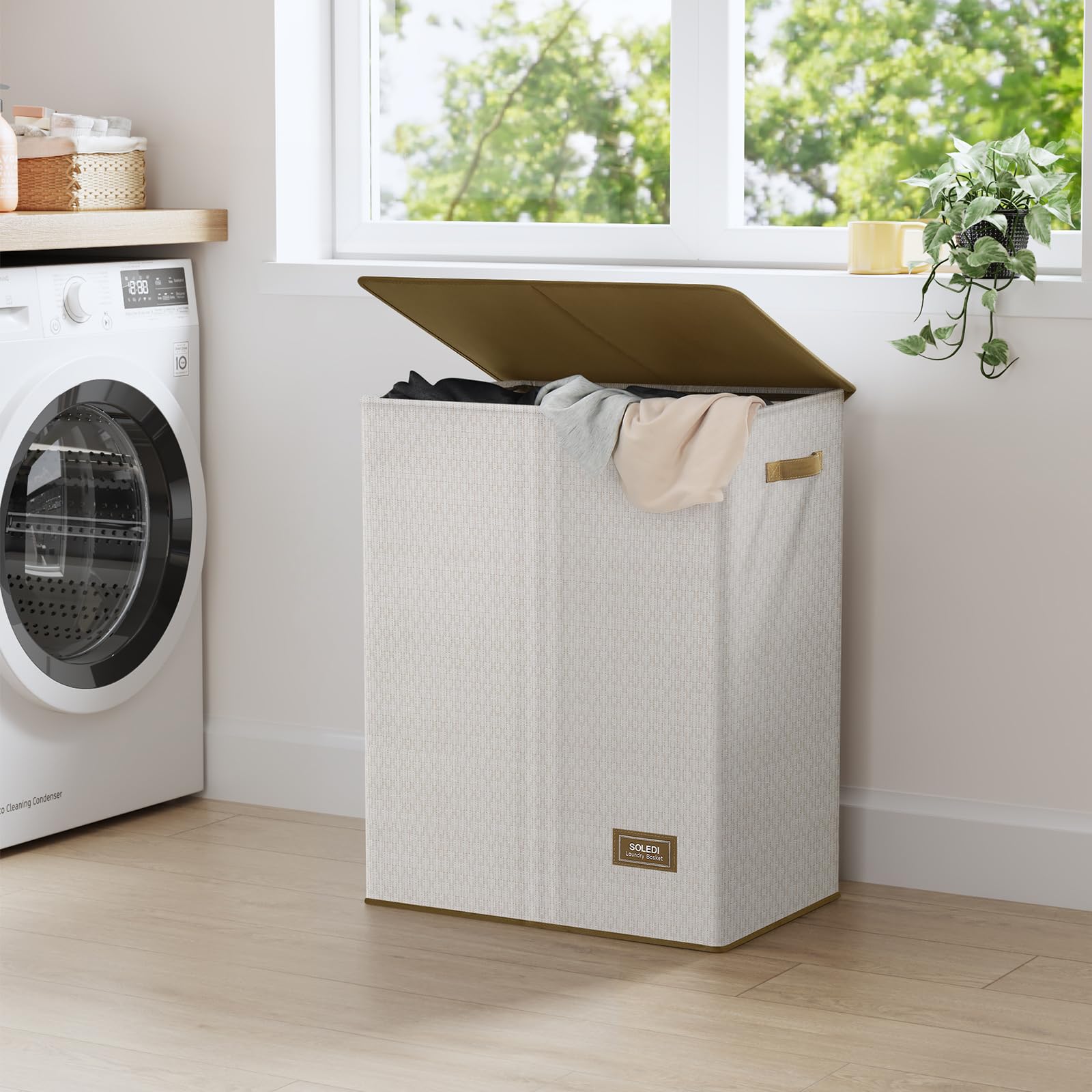 Soledi Double Laundry Hamper With Lid 34 Gal (130L) Water-Resistant, High-Tenacity Material Collapsible Laundry Basket With 2 Re