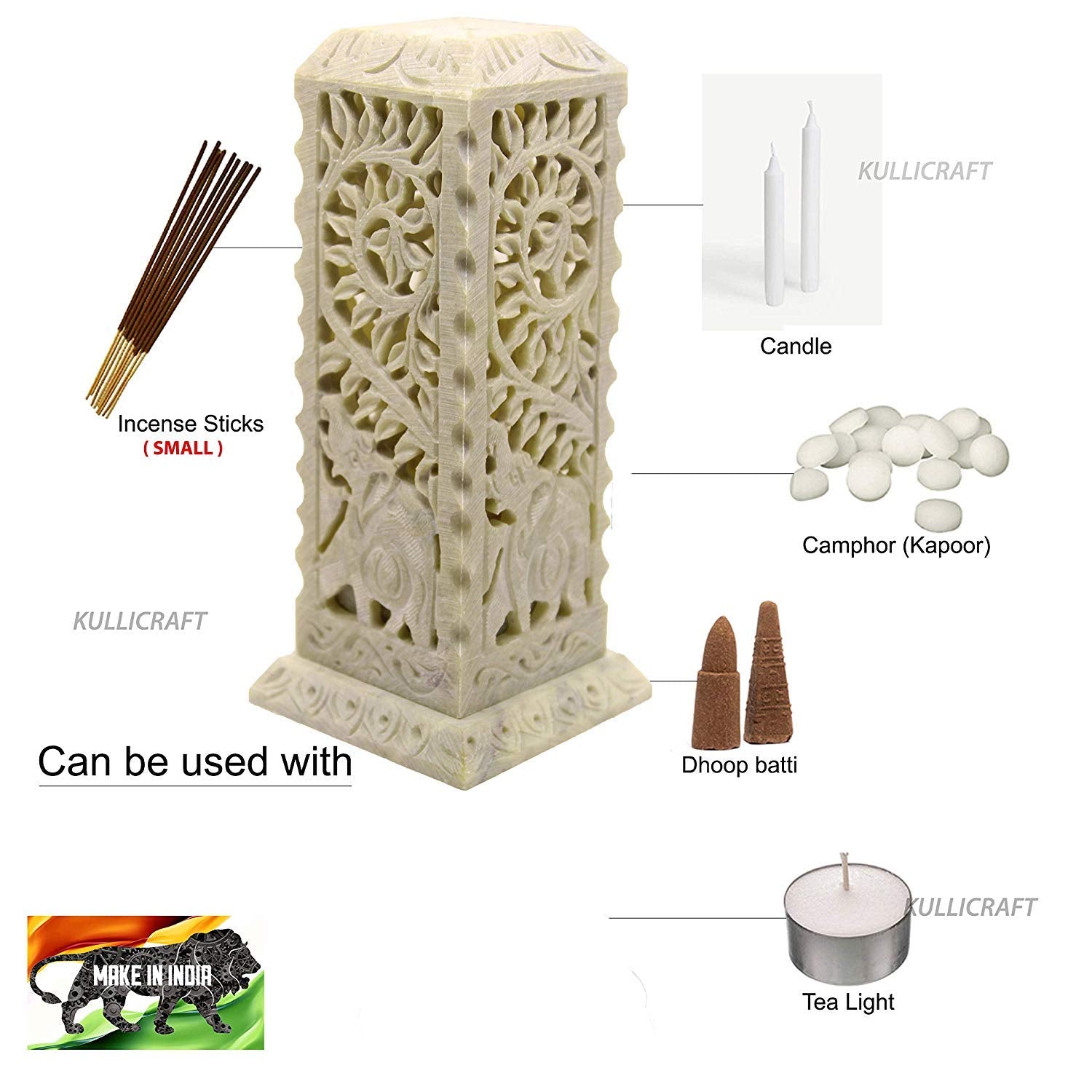 Kc Kullicraft Handcrafted Elephant Carving Soapstone Marble Incense Agarbati Stand Holder For Puja With 6 Dhoop Batti(Square)
