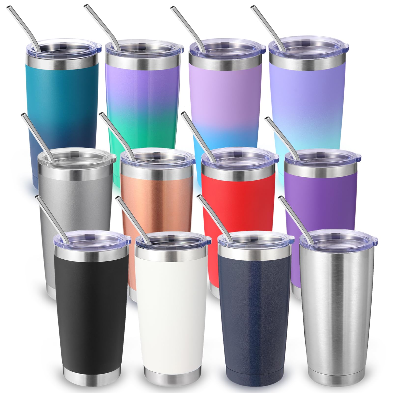 Volhoply 20oz Stainless Steel Tumbler with Lid and Straw Bulk 12 Pack,Double Wall Insulated Travel Iced Coffee Mug Fits Cup Hold