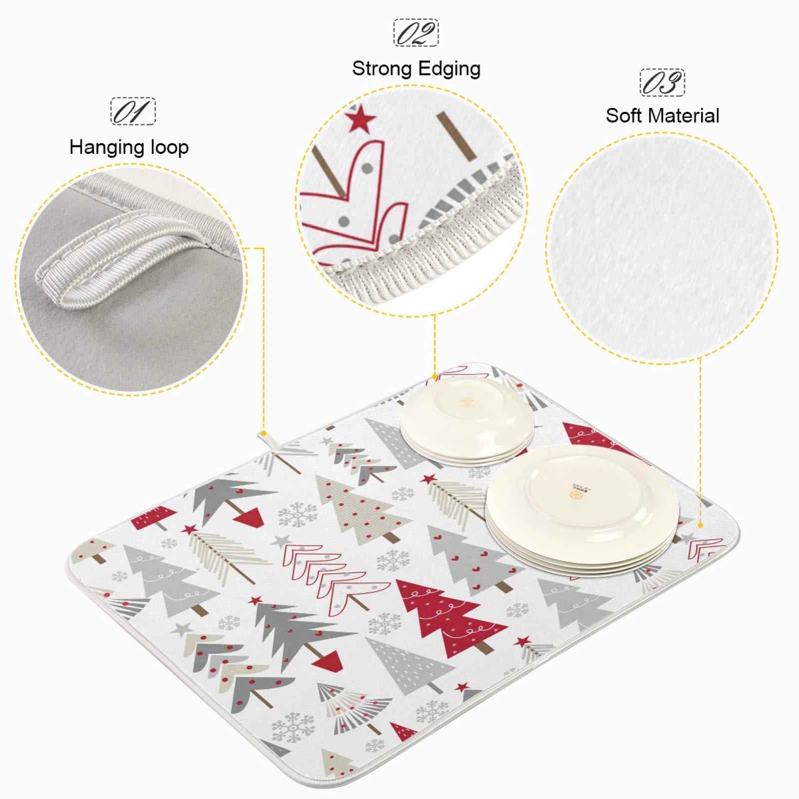 Nander Beautiful Christmas Tree Dish Drying Mat For Kitchen Counter, Absorbent Reversible Dish Draining Mat,Rack Pad For Counter