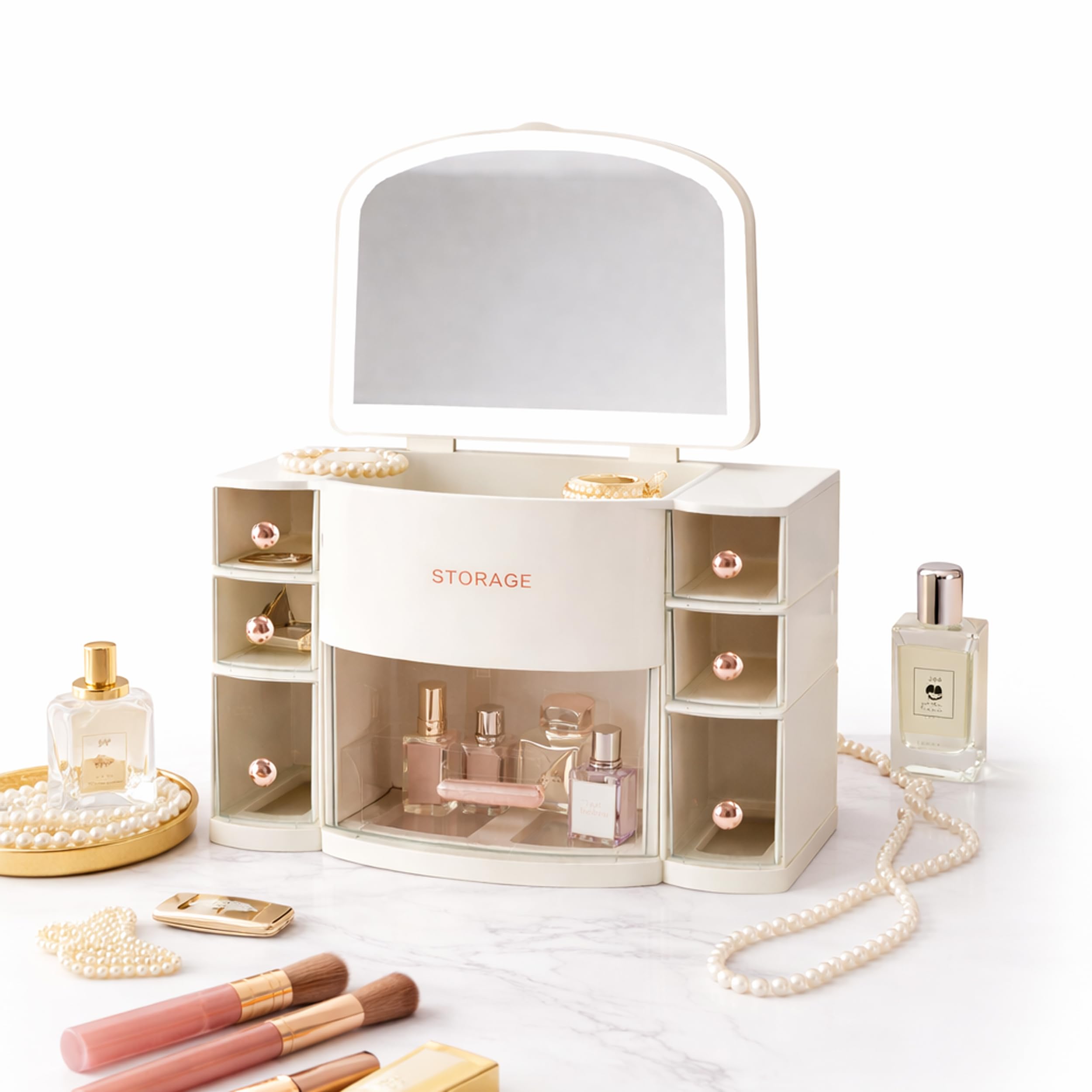 Jialto Bathroom Organizer With Mirror  MultiCompartment Cosmetic & Toiletry Storage Box With Drawers, Countertop Vanity Organi