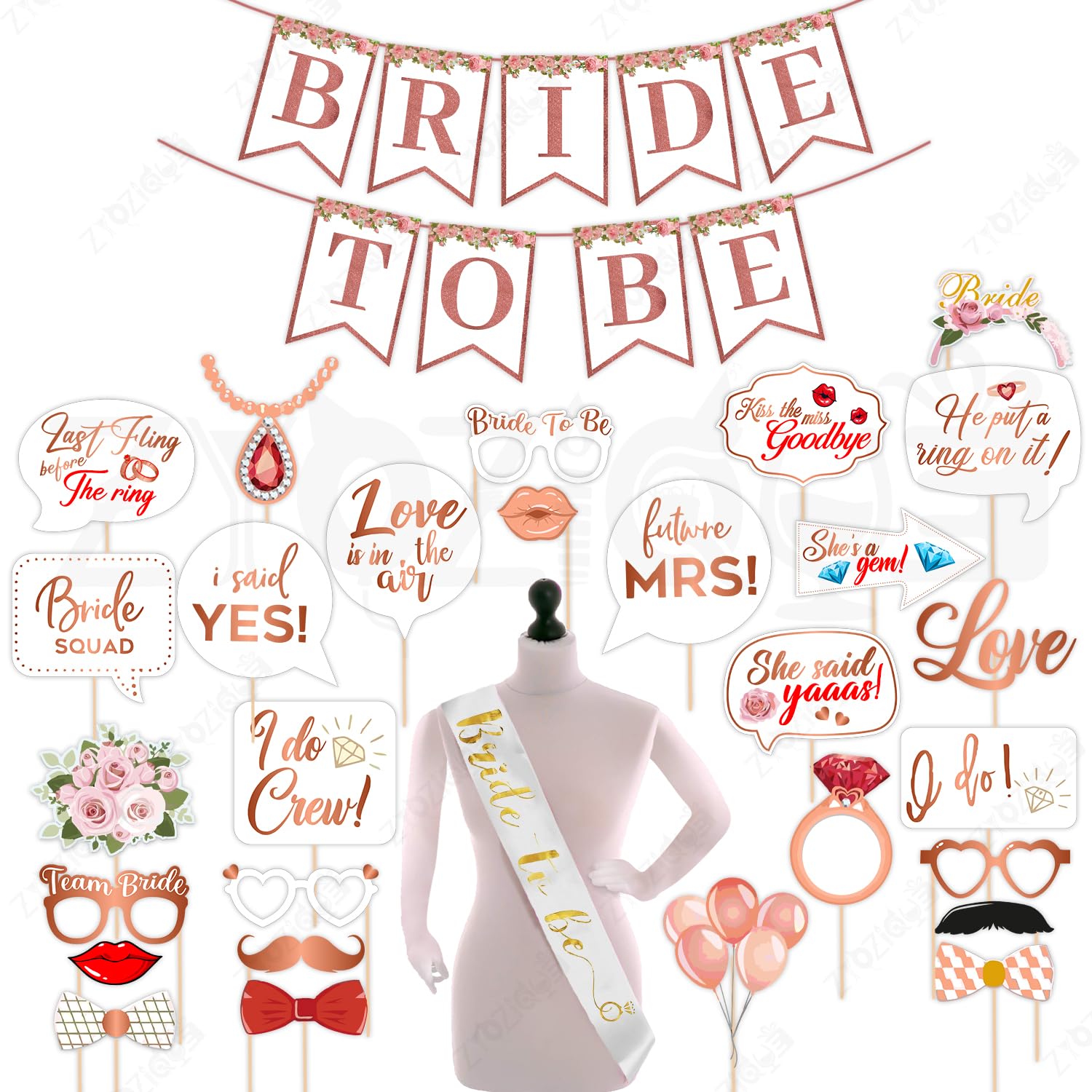 Zyozique Bride To Be/ Bridal Shower Decorations Kit, Rose Gold & White Theme, Includes Paper Banner, Sash, Photo Booth Props, Ba