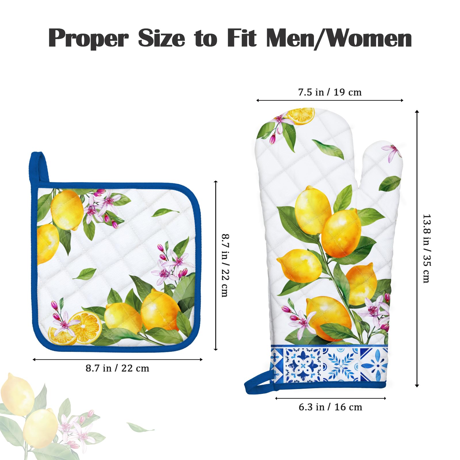 Arquiel Summer Lemon Oven Mitts And Pot Holders Sets 2Pcs, 100% Cotton Heat Resistant, Extra Long Oven Gloves Potholder For Kitc
