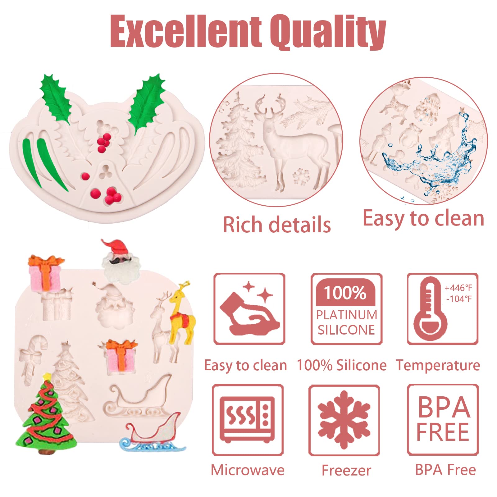 Christmas Theme Silicone Molds 4 Pcs, Christmas Tree Elk Snowflake Icicle Deer Candy Fondant Mold For Cake Decoration, Candy Sug
