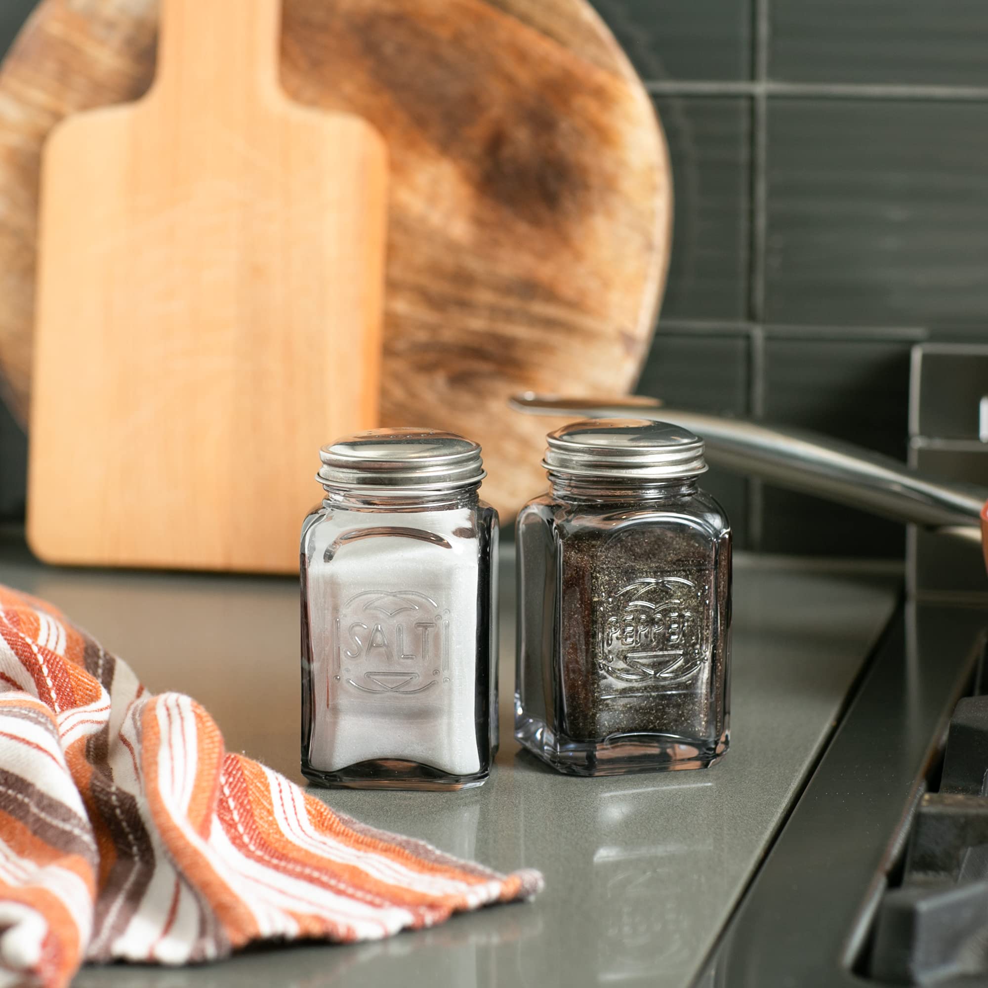 Rsvp International Retro Glass Salt  Pepper Shaker Stainless Steel Lids , 8 Oz, Gray