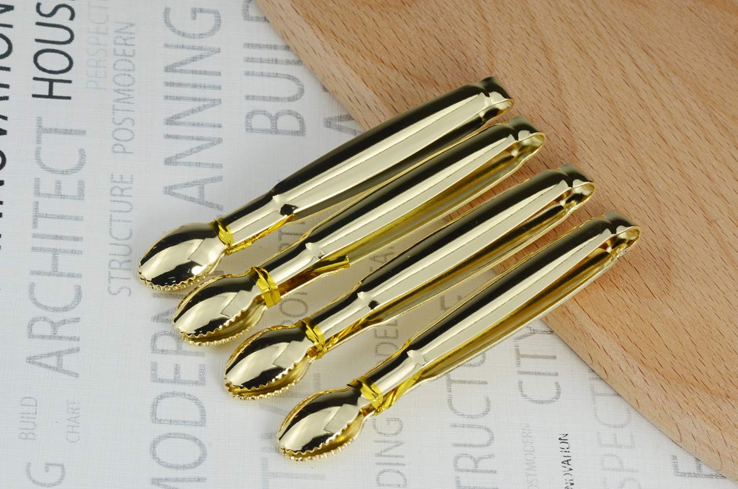 HINMAY Mini Serving Tongs Set of 4 - 4-Inch Stainless Steel Sugar Cube Tongs, Gold Finish