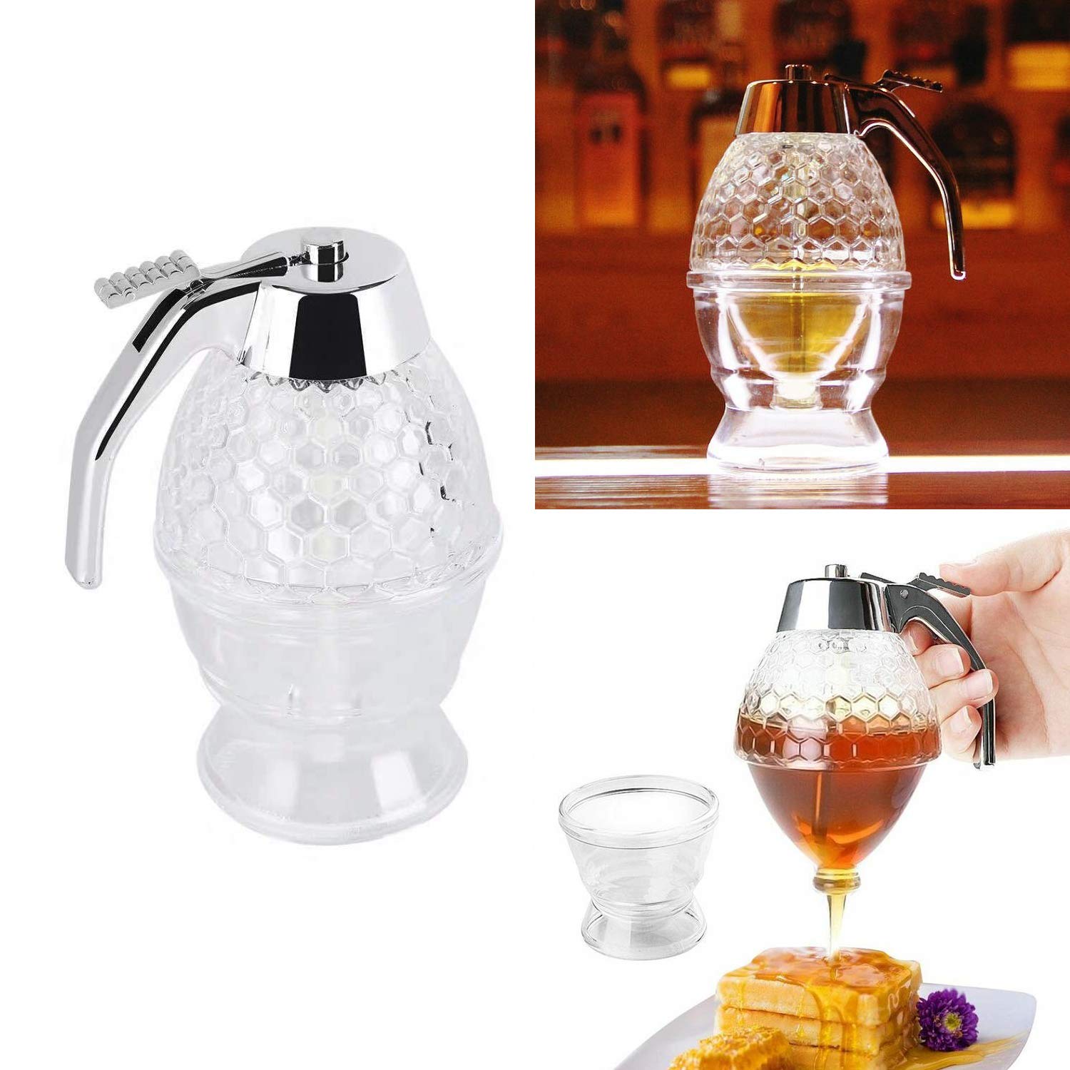 Squeeze Honey Dispenser,Plastic No Drip Maple Syrup Dispenser,Juice Jar Container Bee Drip Dispenser, Honey Pot With Stand,200Ml