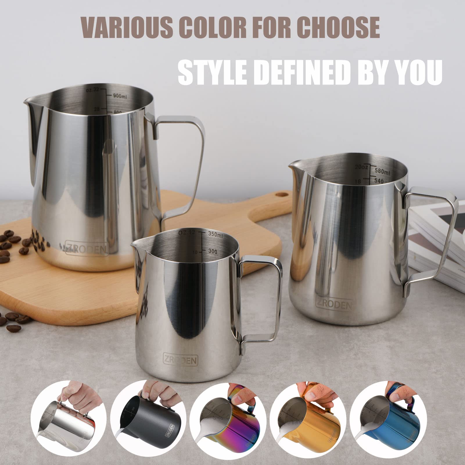 Milk Frothing Pitcher, 12Oz 20Oz 32Oz Espresso Steaming Pitchers Stainless Steel Cappuccino Coffee Machine Accessories Barista T