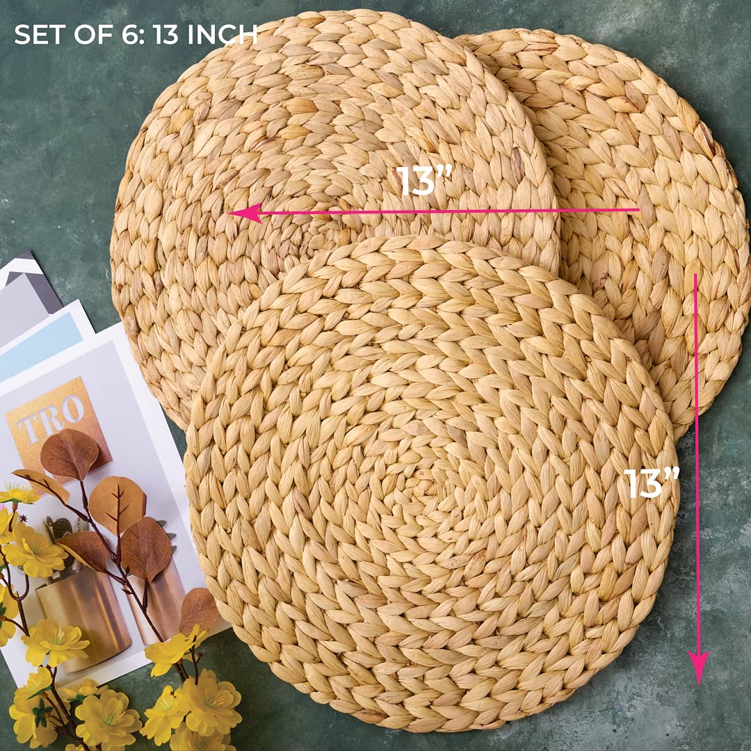 (4 Sizes: 12''-13''-14''-15'') BARIEN Woven Placemats Round Set of 6  Natural Water Hyacinth Weave Placemat for Dining Table  Large Handmade Woven Placemats Heat Resistant Non-Slip (13'' - Set of 6)