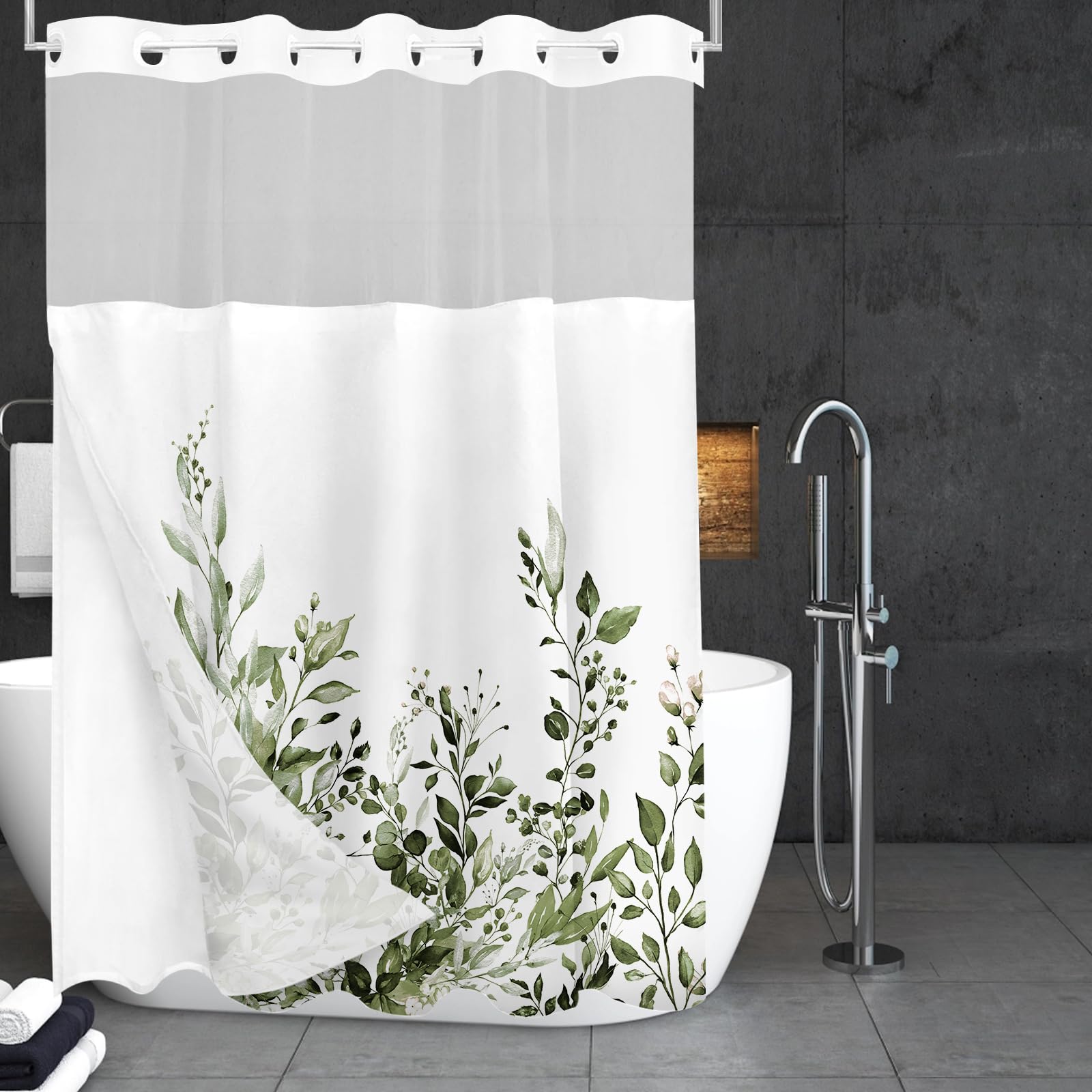 Tititex No Hooks Snap In Liner Olive Green Eucalyptus Leaves Shower Curtain Sets, Hotel Luxury Double Layers Waterproof Fabric &
