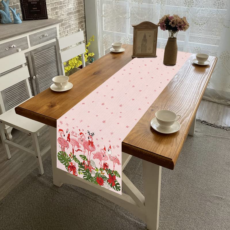 Linen Pink Hawaiian Tropical Flamingo Christmas Table Runner 72 Inches Long Hawaii Beach Christmas Xmas Winter Holiday Home Kitc