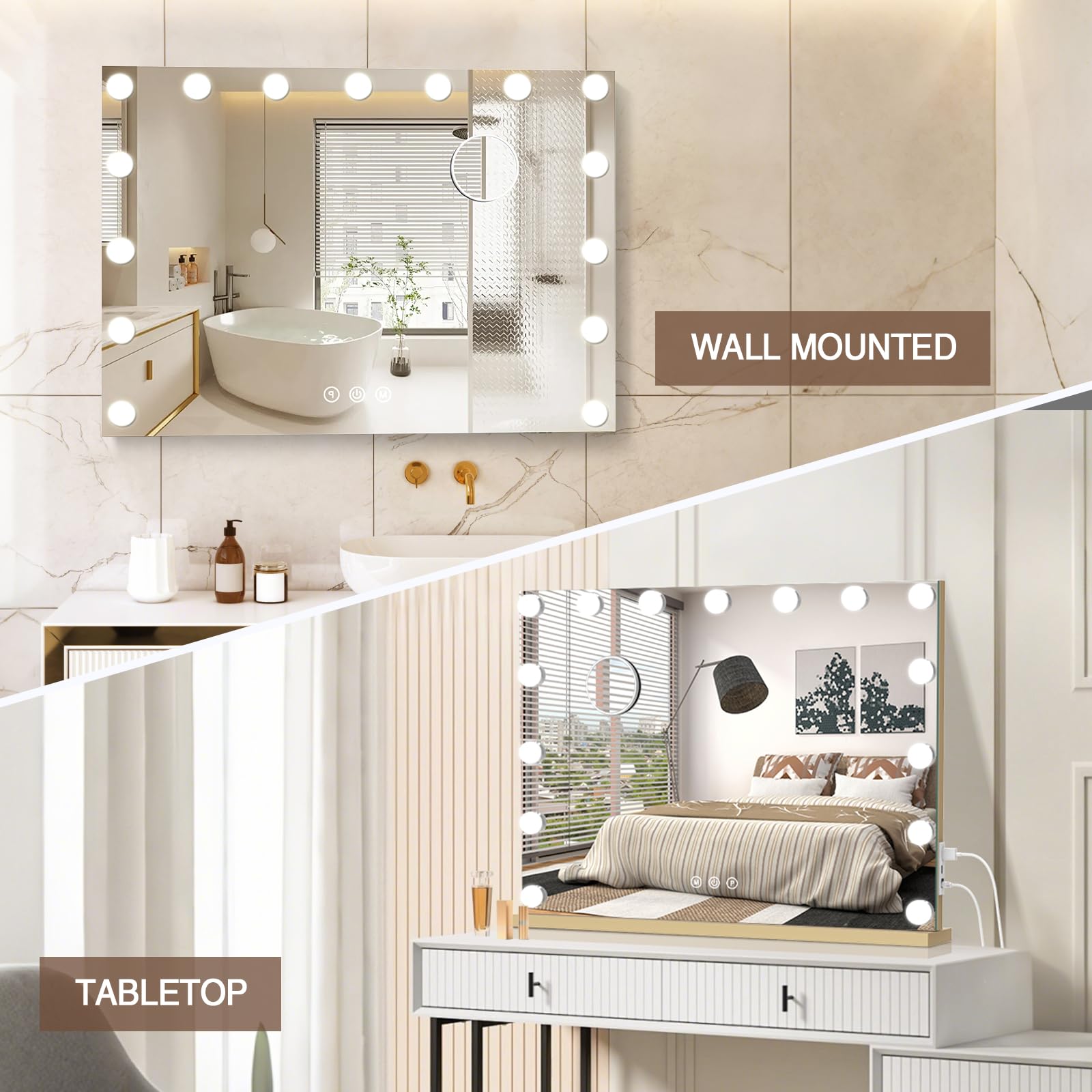 halumao Vanity Makeup Mirror with Lights, 22.8 x 19 Large Light Up Mirror with Smart Touch 3 Colors Dimmable Gold