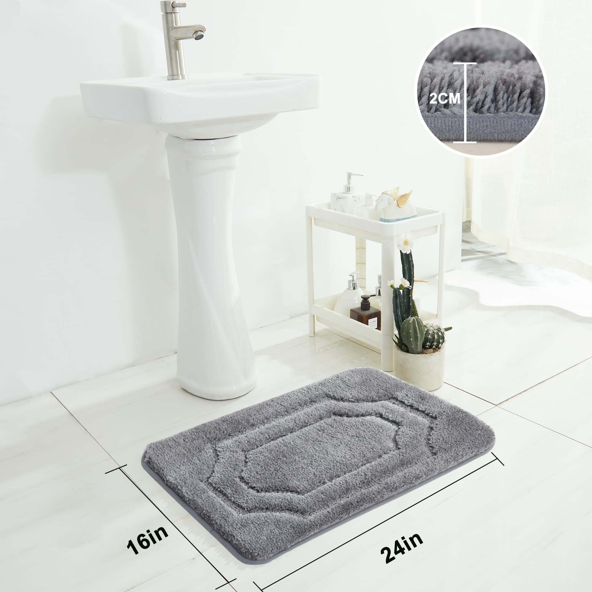 BEQHAUSE-Bathroom-Rugs-Soft& Absorbent-Non-Slip-Bath Mats for Bathroom Polyester Bath Mat Machine Washable Bathroom Carpet Grey Thick Shower Mat for Bathroom  Bathtub and Sink 16''x24''