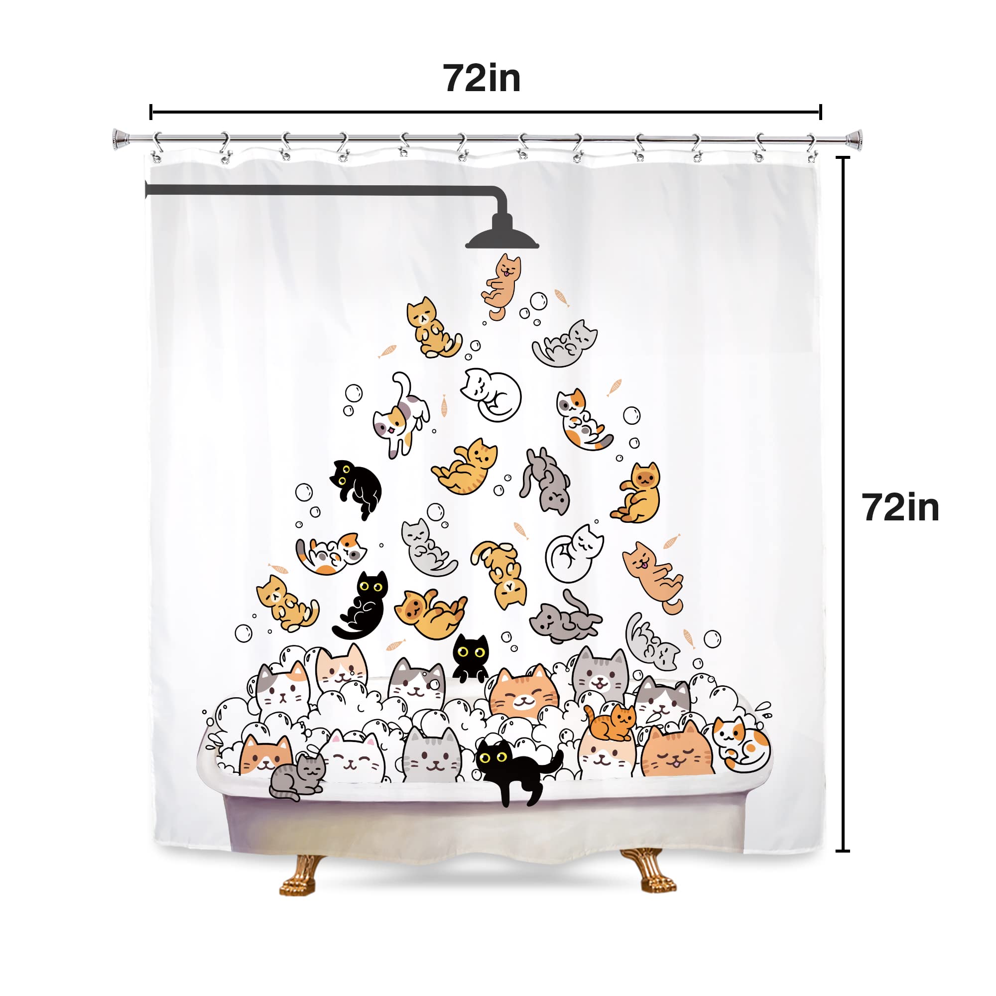 SVBright Cute Cat Shower Curtain for Kids Children 72Wx72L Inch Funny Cartoon Animal Raining Colorful Hilarious Lovely Pets Playing Water Bathroom Waterproof Polyester Fabric Bathtub 12 Pack Hooks