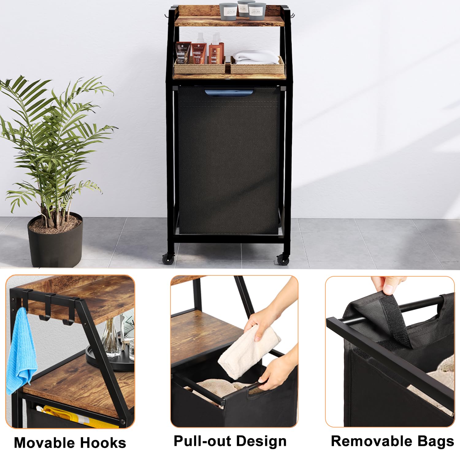 Timberer Laundry Hamper, Laundry Sorter, Rolling Laundry Basket With Wheels, 2 Shelves, 18 Gal(68L), Pull-Out And Removable Laun