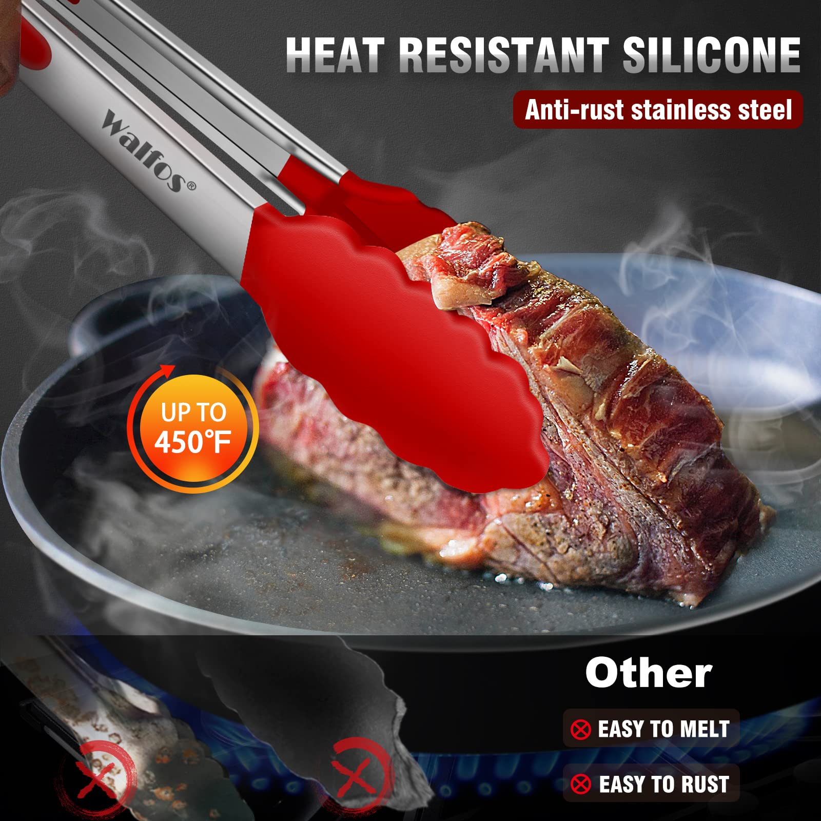 Walfos Kitchen Tongs - 7'' 9'' And 12'' Heat Resistant Cooking Tongs, Stainless Steel And Bpa Free Silicone Tips, Great For Cook