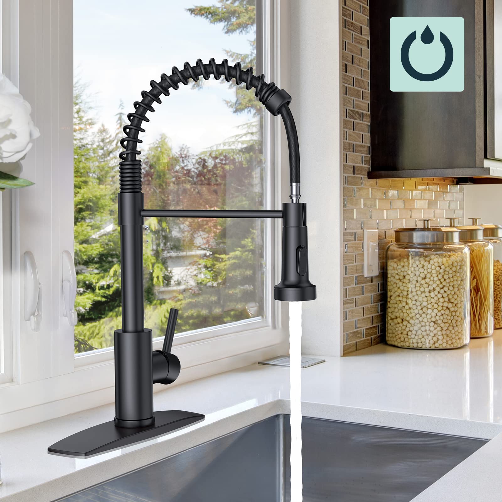 FORIOUS Black Kitchen Faucet with Pull Down Sprayer  Commercial Spring Kitchen Sink Faucet with Pull Out Sprayer  Single Handle Kitchen faucets with Deck Plate  Matte Black