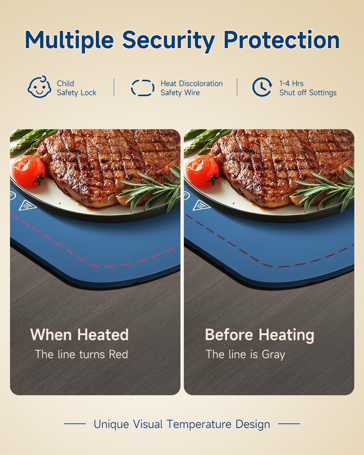 Taseven Warming Mat for Food, Food Warming Mat with 7 Temp Master Adjustable Warming Tray, Thermochromic Line, Electric Warming