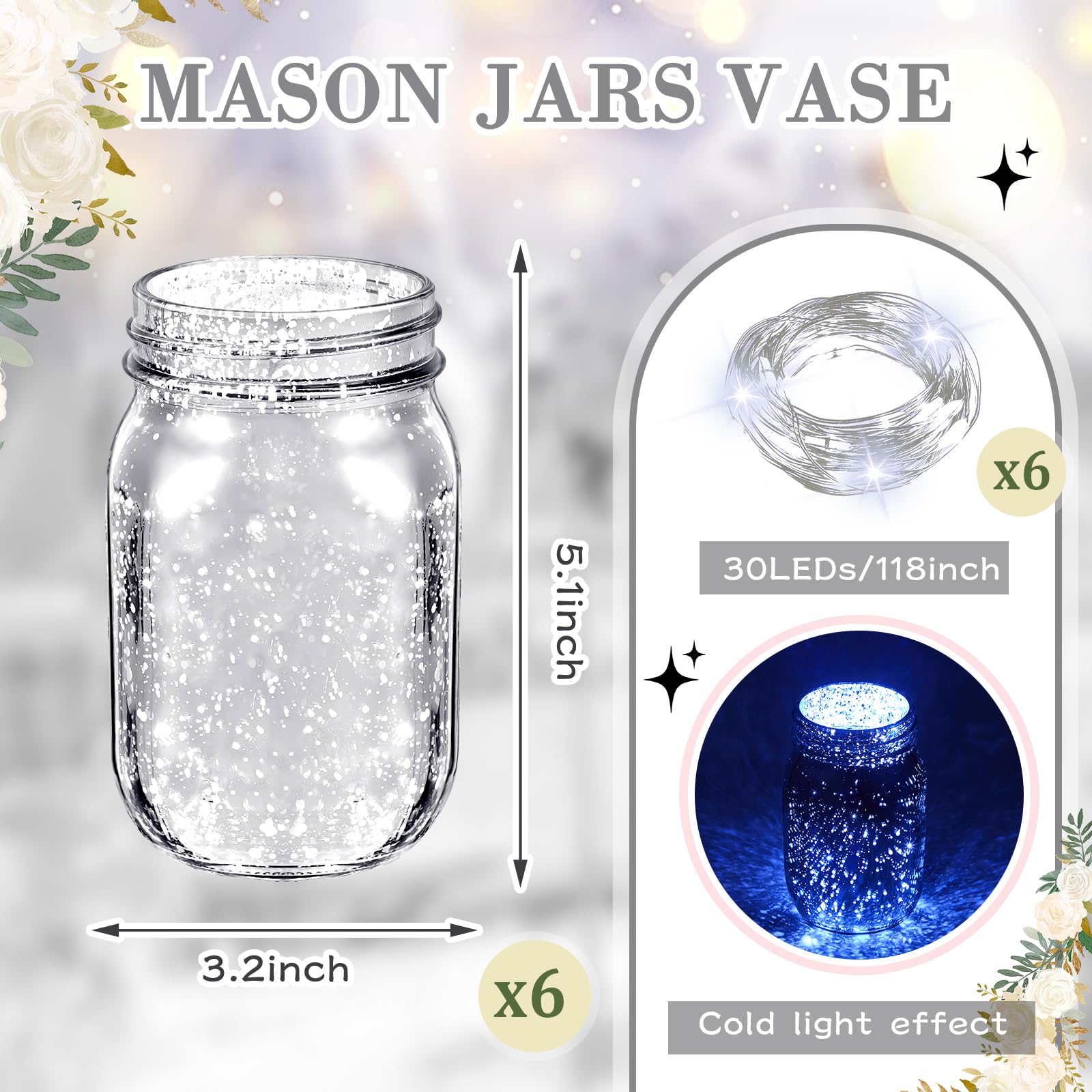 Layhit 6 Pcs Painted Mason Jars Colored Painted Mason Jars Centerpiece for Table with 6 Pcs 9.84 ft 30 LED Operated Fairy Lights