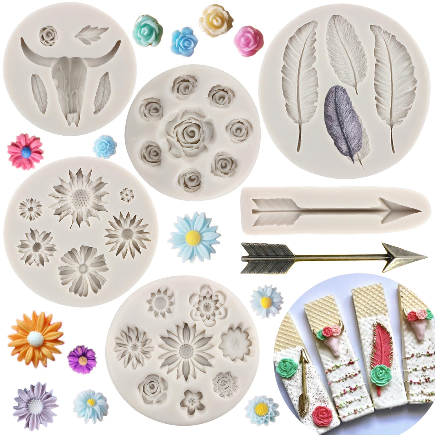 Mypracs Bull Head Silicone Molds Feather Arrow Fondant Mold Daisy Rose Flower Chocolate Mold Feather Candy Mold For Flower Cake