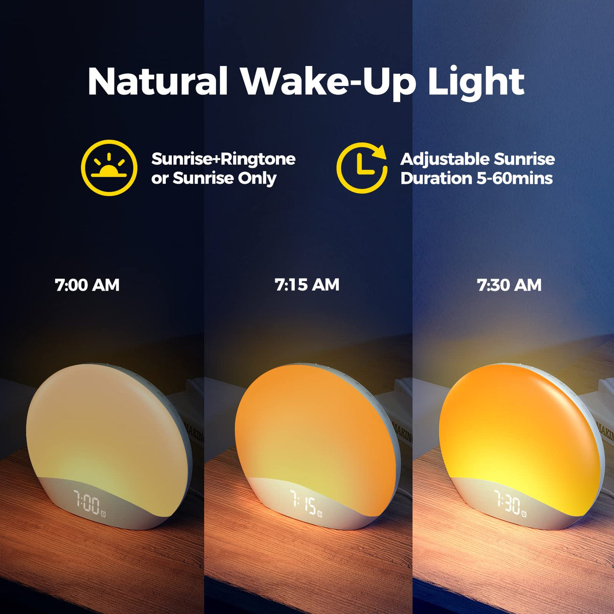REACHER Sunrise Alarm Clock with Sound Machine, Dimmable Night Light ...
