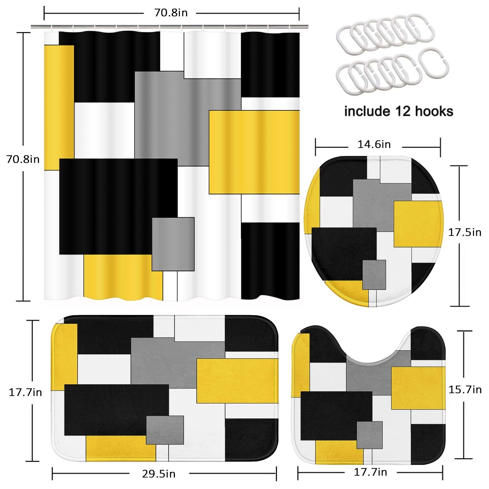Tayney Geometric Shower Curtain Set - 4 Pcs, 72"W x 72"L, Abstract Yellow, Includes Toilet Lid Cover & Non-Slip Rugs, Polyester