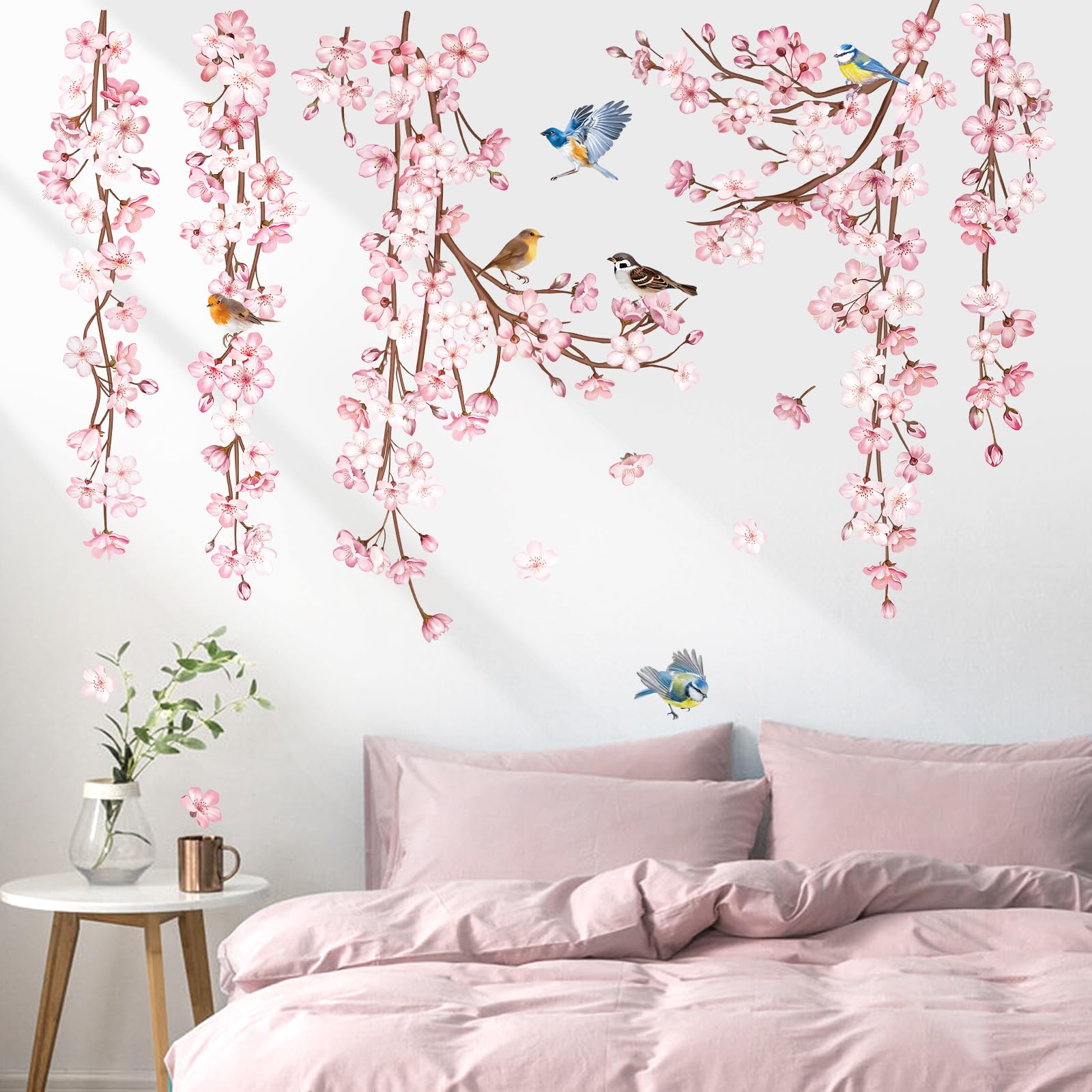 Decalmile Cherry Blossom Flower Vine Wall Decals Hanging Floral Tree Branch Birds Wall Stickers Living Room Bedroom Office Wall