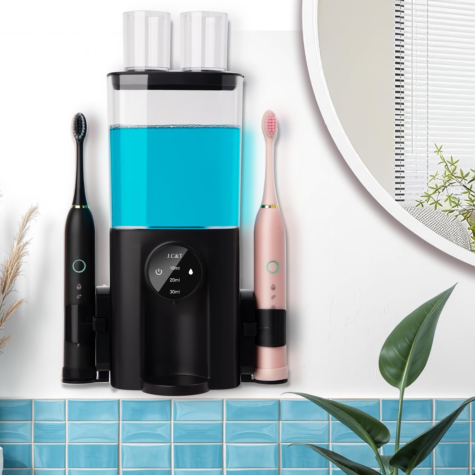 J.C&T Mouthwash Dispenser For Bathroom, 650Ml(21.98 Fl Oz) Smart Mouthwash Dispensers Toothbrush Holders Wall Mounted,Wall Mount