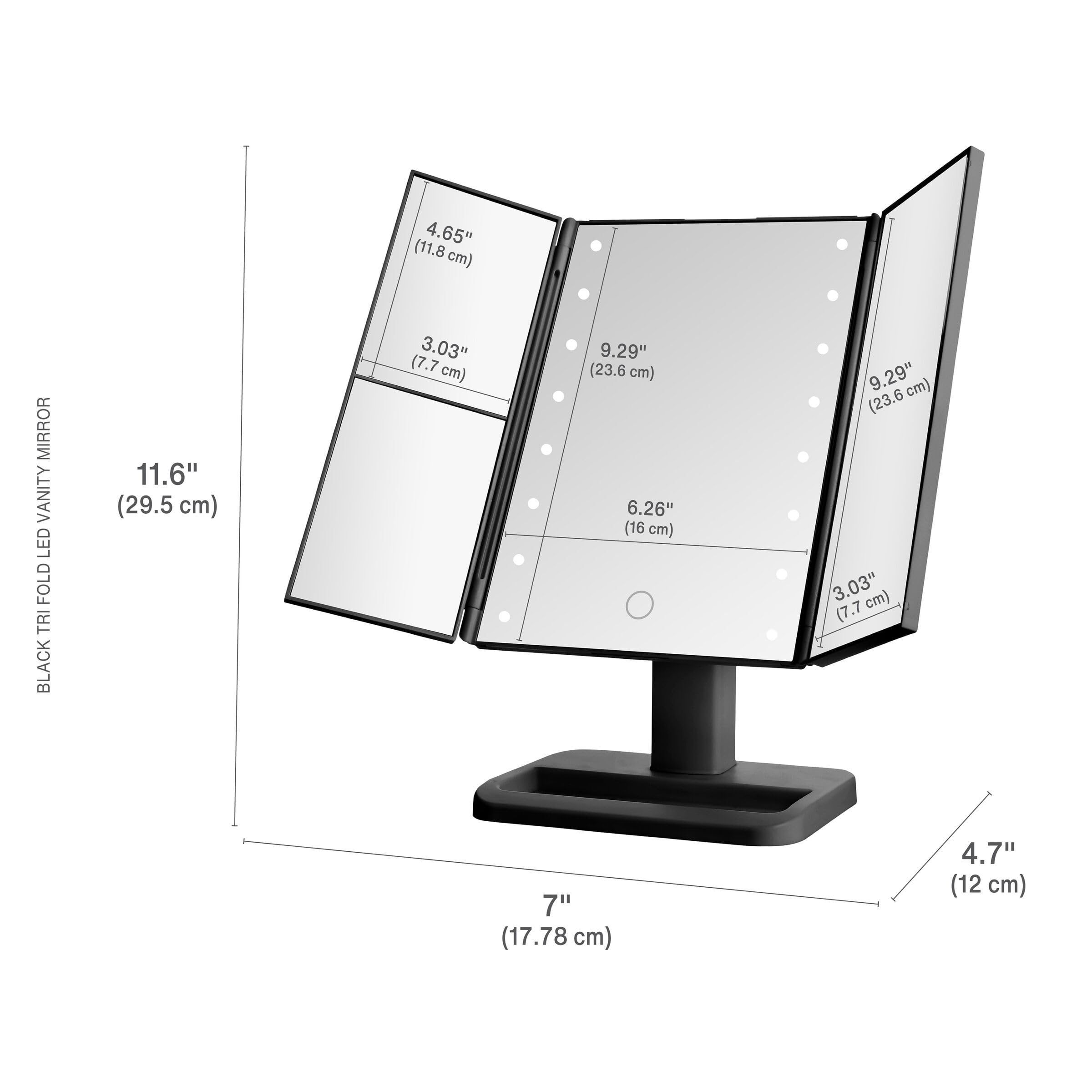 Melannco Black Tri Fold Led Vanity Mirror, 3 Magnifications And Dimmable Led Lights, Lighted Makeup Mirror, Touch Control