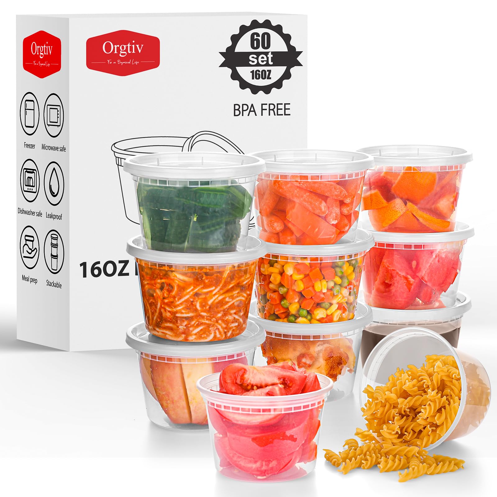 Orgtiv [60 Sets 16Oz Deli Containers With Lids,Plastic Storage Containers With Lids,Freezer To Go Containers