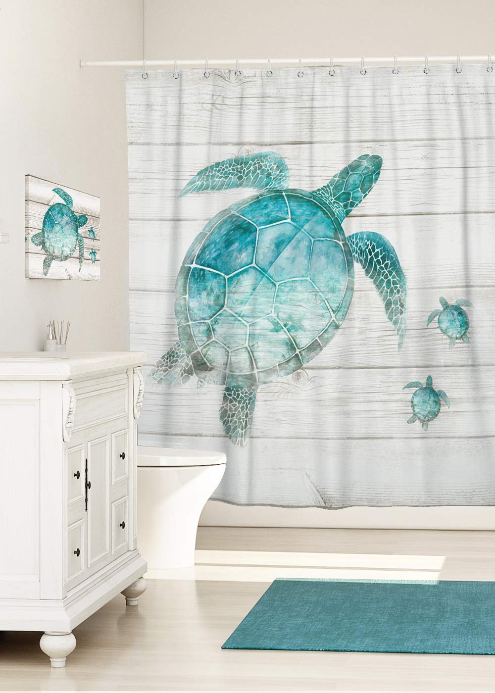 Sumgar Blue Ocean Shower Curtain For Bathroom Coastal Beach Decoration Teal Sea Turtle Curtain Set With Hooks, 72 X 72 Inch