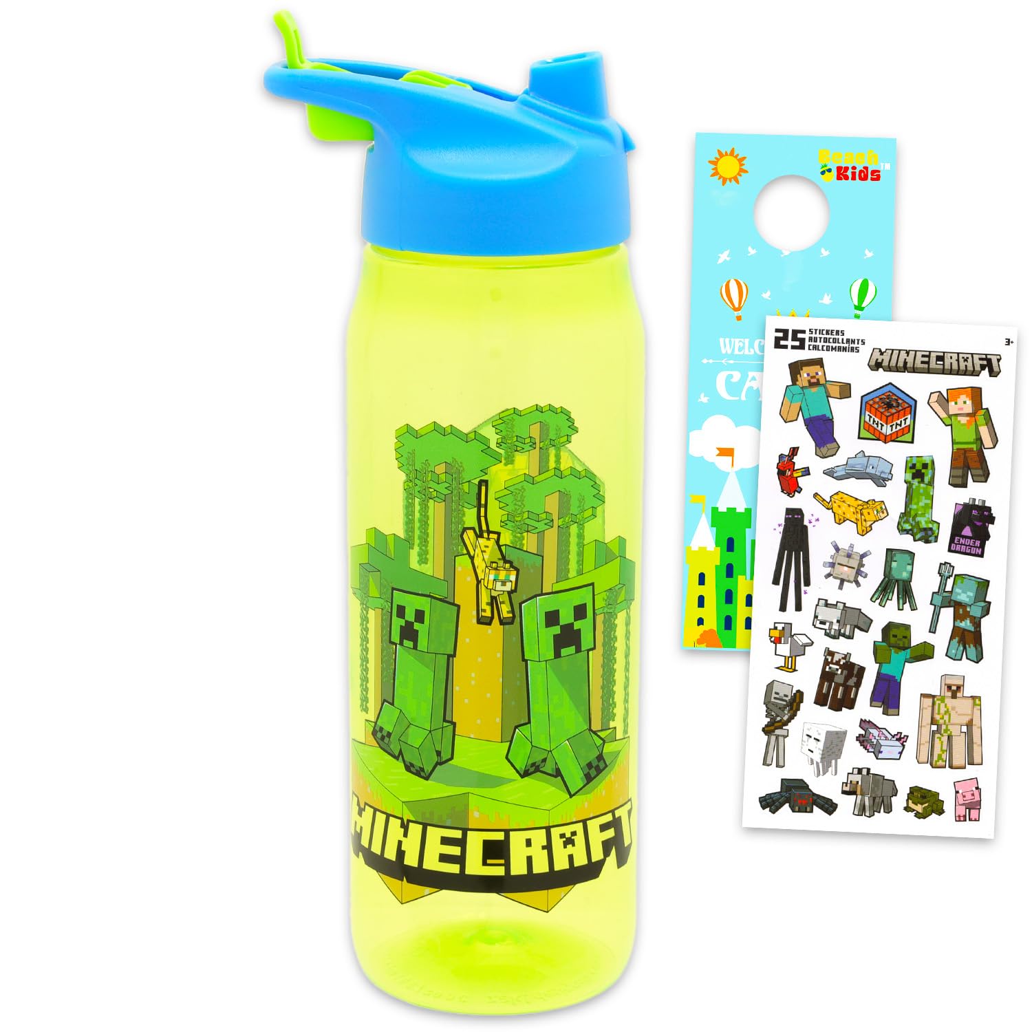 Minecraft Water Bottle Set for Boys  Bundle with a Refillable 20oz Container, Stickers, and More Sports Bottle for Kids, Girls