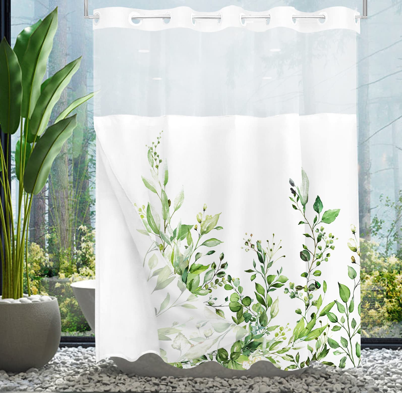 Tititex No Hooks Snap In Liner Greenery Green Eucalyptus Leaves Shower Curtain Sets, Hotel Luxury Double Layers Waterproof Fabri