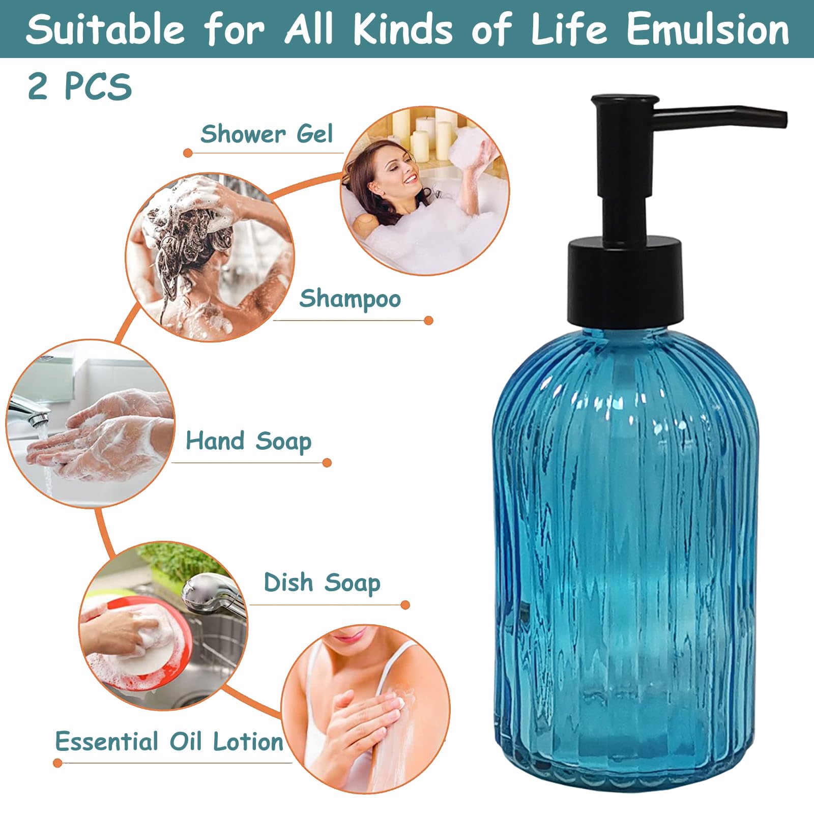 Blue Glass Soap Dispenser Set With Black Pump, 13.5Oz Refillable Liquid Hand Soap Dispenser, Lotion Dish Soap Dispenser For Mode