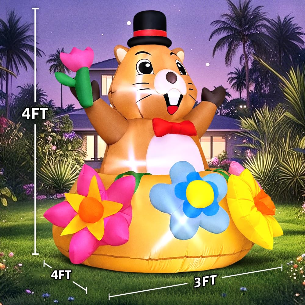 4FT Summer Inflatable Marmot Outdoor Decoration Blow up Animal Decoration, Built-in LED Lights for Spring Summer Easter Yard Gar