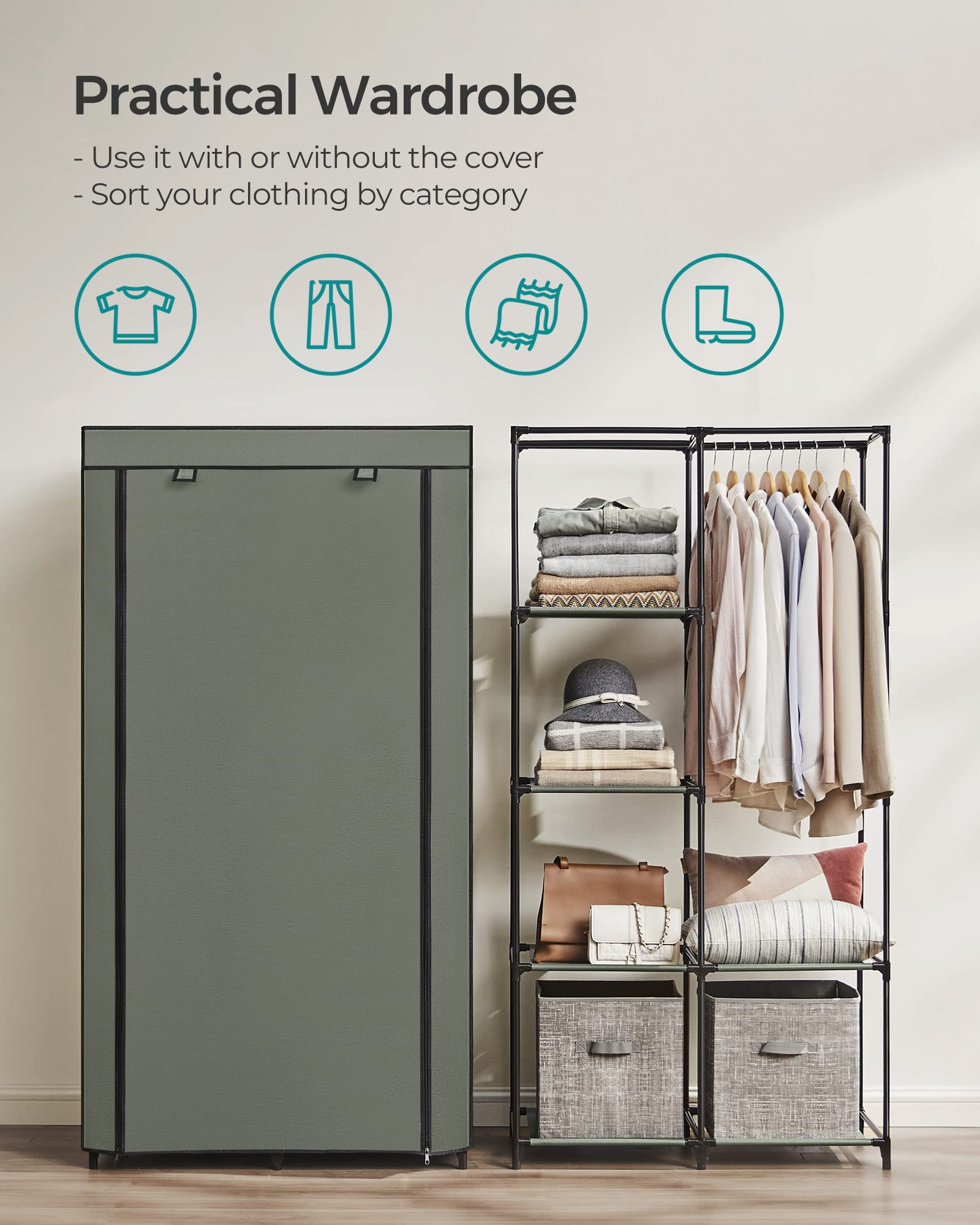 Songmics Portable Closet, 34.6 Inch Large Capacity Wardrobe Closet Organizer With Fabric Cover, Hanging Rods And Shelves, 34.6 X