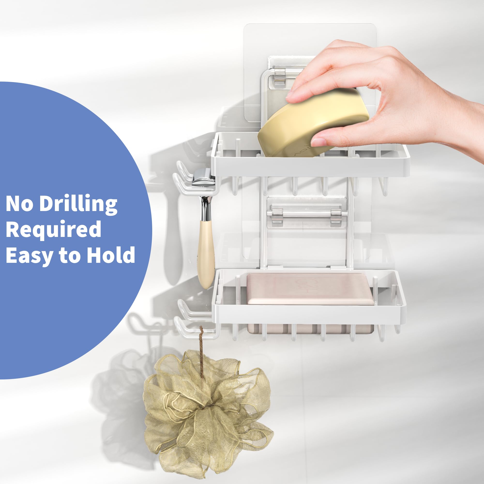 Moforoco White Double Soap Bar Holder For Shower, No Drilling, 304 Rustproof Stainless Steel, Wall Mounted Soap Holder With 4 Ho