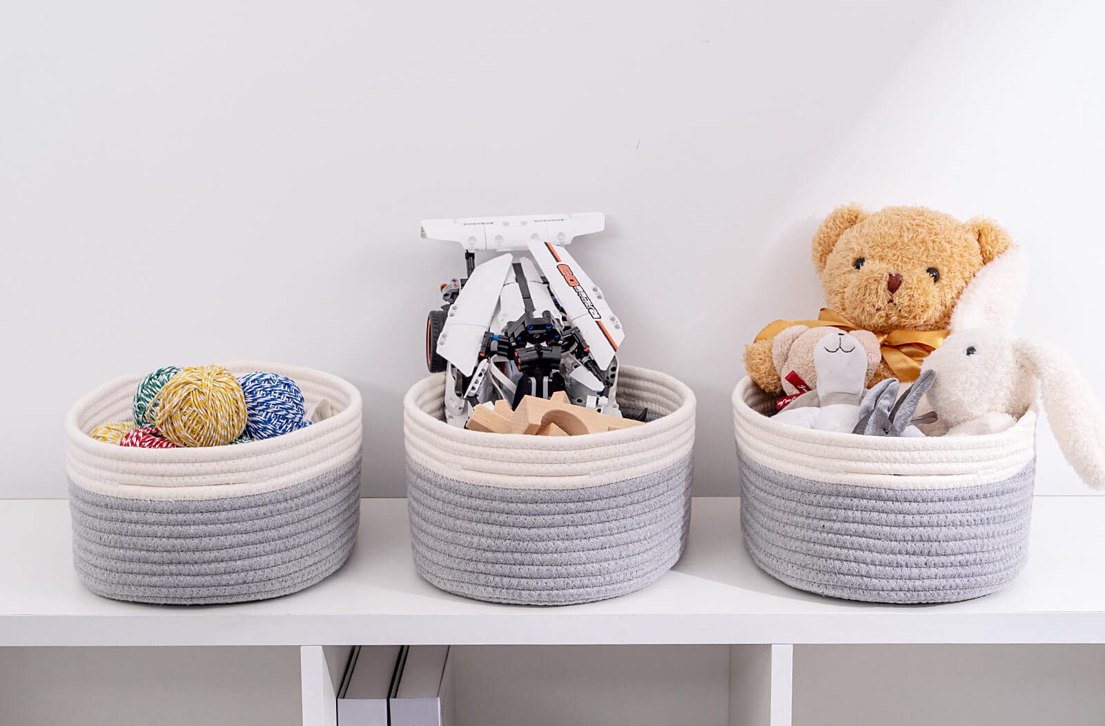 Kriitools Baskets for Shelf Storage Cute Basket to Store and Organize Household Items/Woven Rope Basket for Living Room  Bedroom Playroom/Durable Small Oval-13x8.66x5.11?? 3 Packs Off White&Gray
