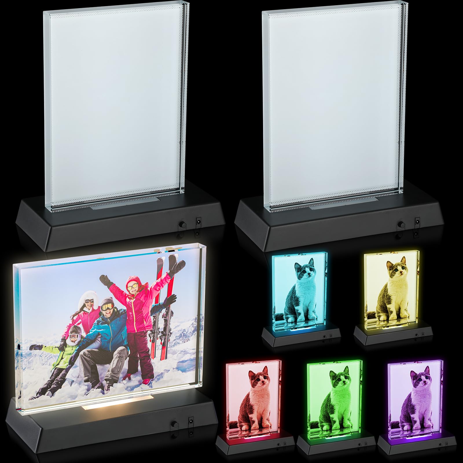 Qunclay 3 Sets Sublimation Blanks Crystal with Colorful LED Base Gifts Tabletop Decor DIY Photo Frame Heat Transfer Picture Fram