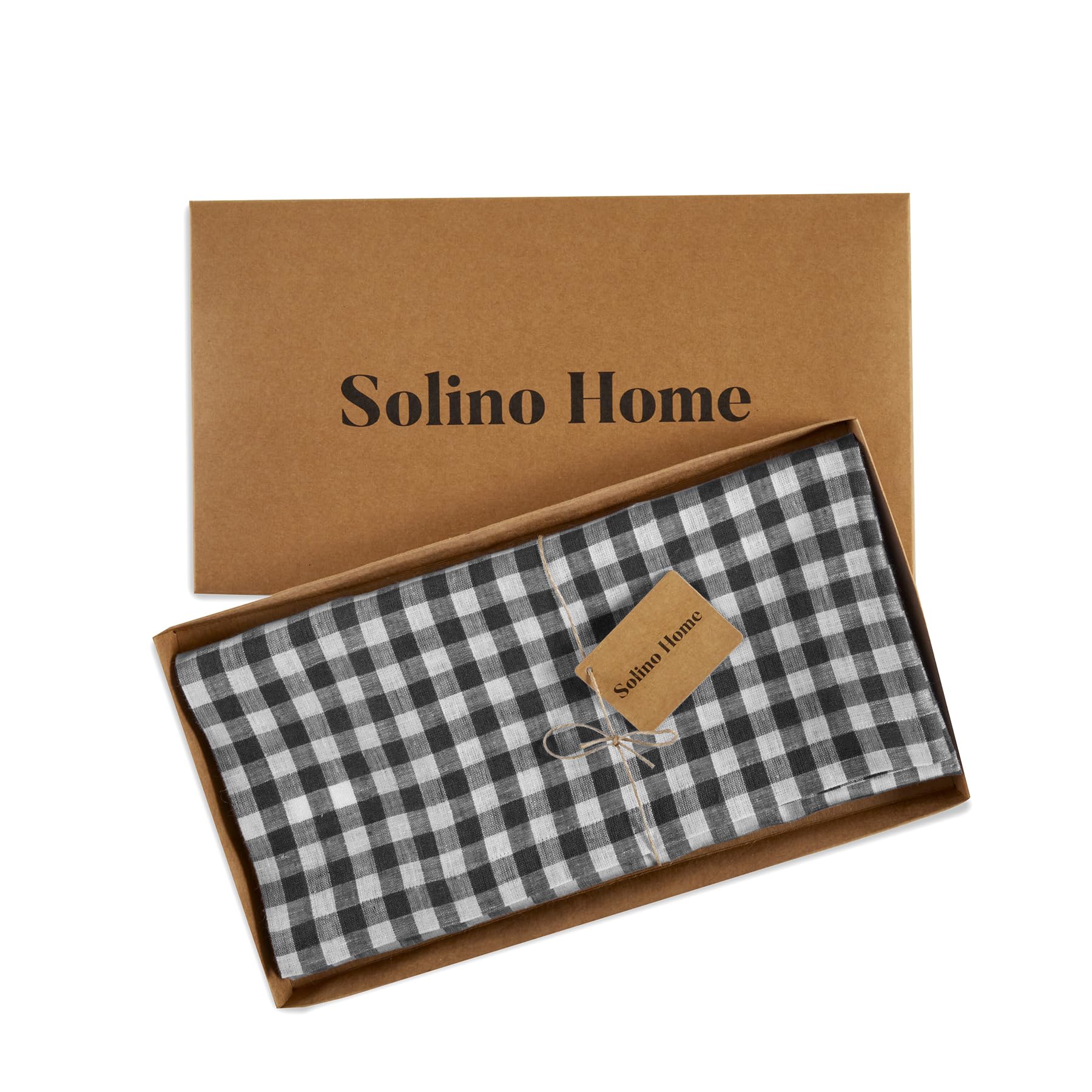 Solino Home Check Linen Square Tablecloth 52 X 52 Inch - 100% Pure Linen Black Plaid Table Throw - Gingham Check, Machine Washab