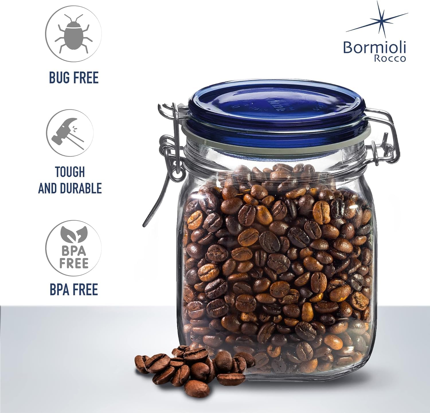 Bormioli Rocco Fido Square Jaw With Blue Lid, 33-3/4-Ounce, 33.75 Ounce, Clear