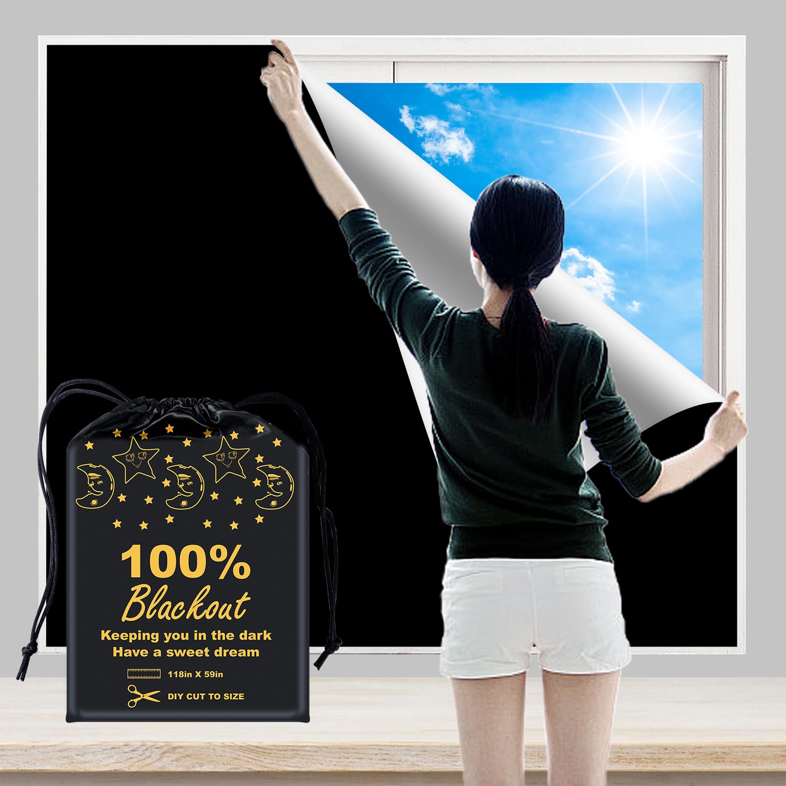 100% Blackout Blind Curtains Window Cover [XXL Size 118x 59 ] [DIY Cut to Any Size or Shape] [Hook&Loop Tabs][Portable Bags for 