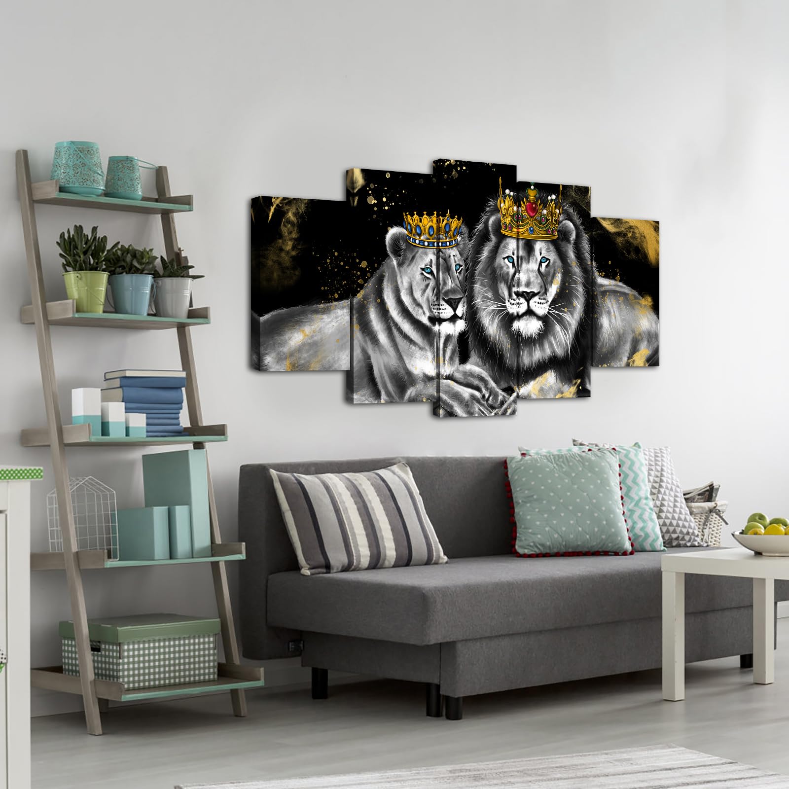 Ouelegent 5 Piece Lion And Lioness Canvas Wall Art King And Queen With Golden Crown African Animal Painting Artwork For Living R