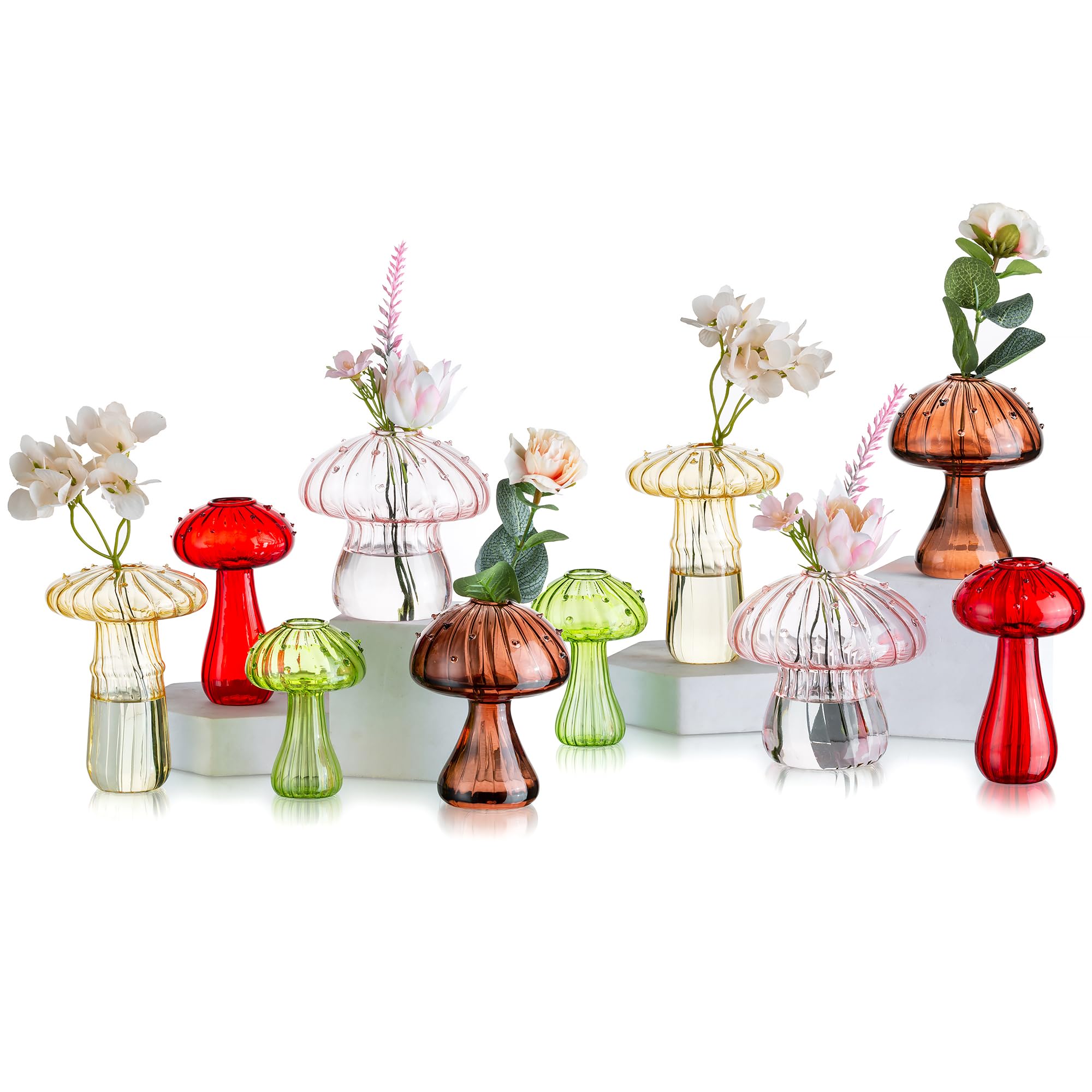 Glasseam Mushroom Propagation Vase, Colored Flower Vases Decorative Set of 10, Unique Small Glass Vases for Flowers,Aesthetic Mi