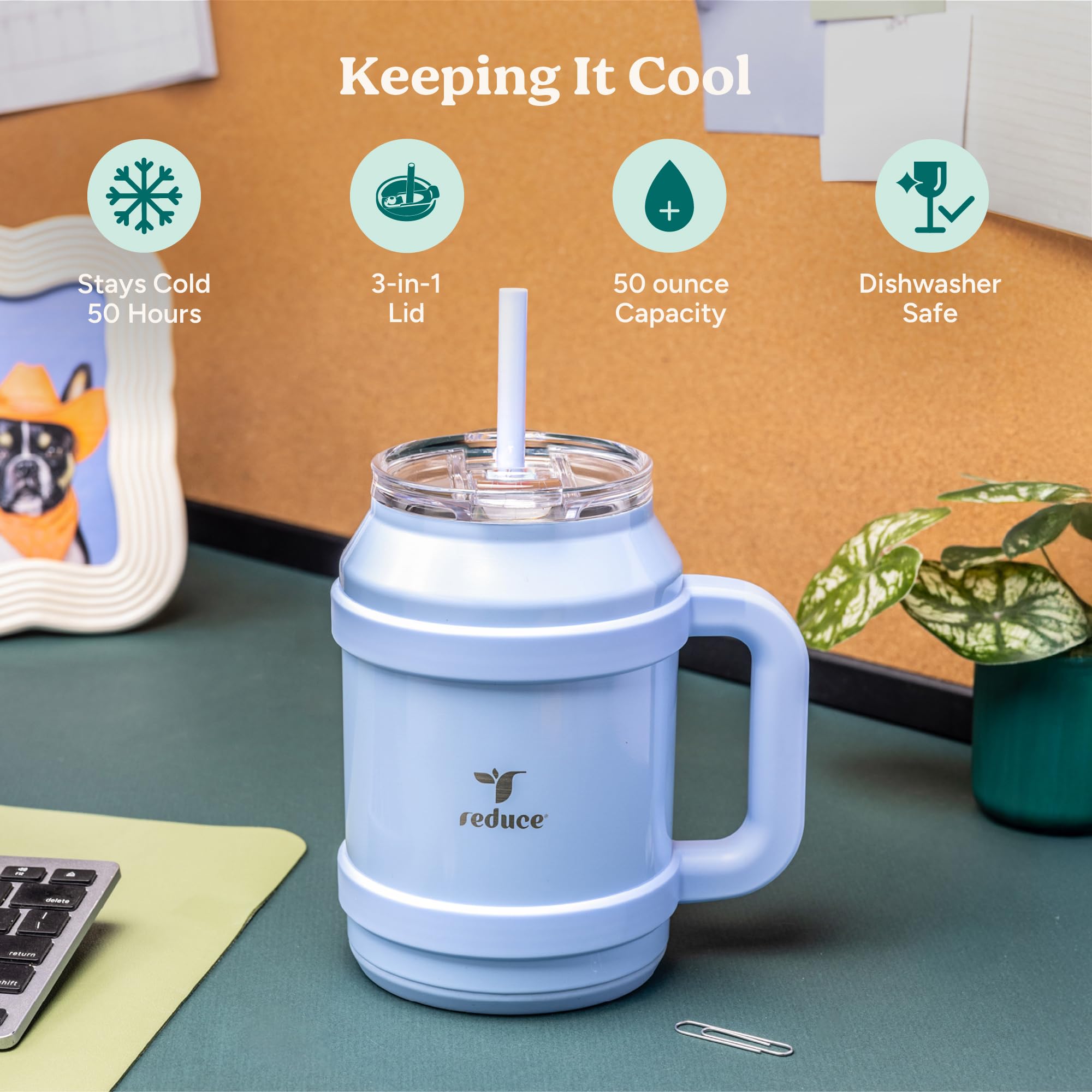REDUCE 50 oz Reusable Stainless Steel Water Tumbler - Double-Wall Insulation, Ergonomic Handle, BPA-Free, Cotton