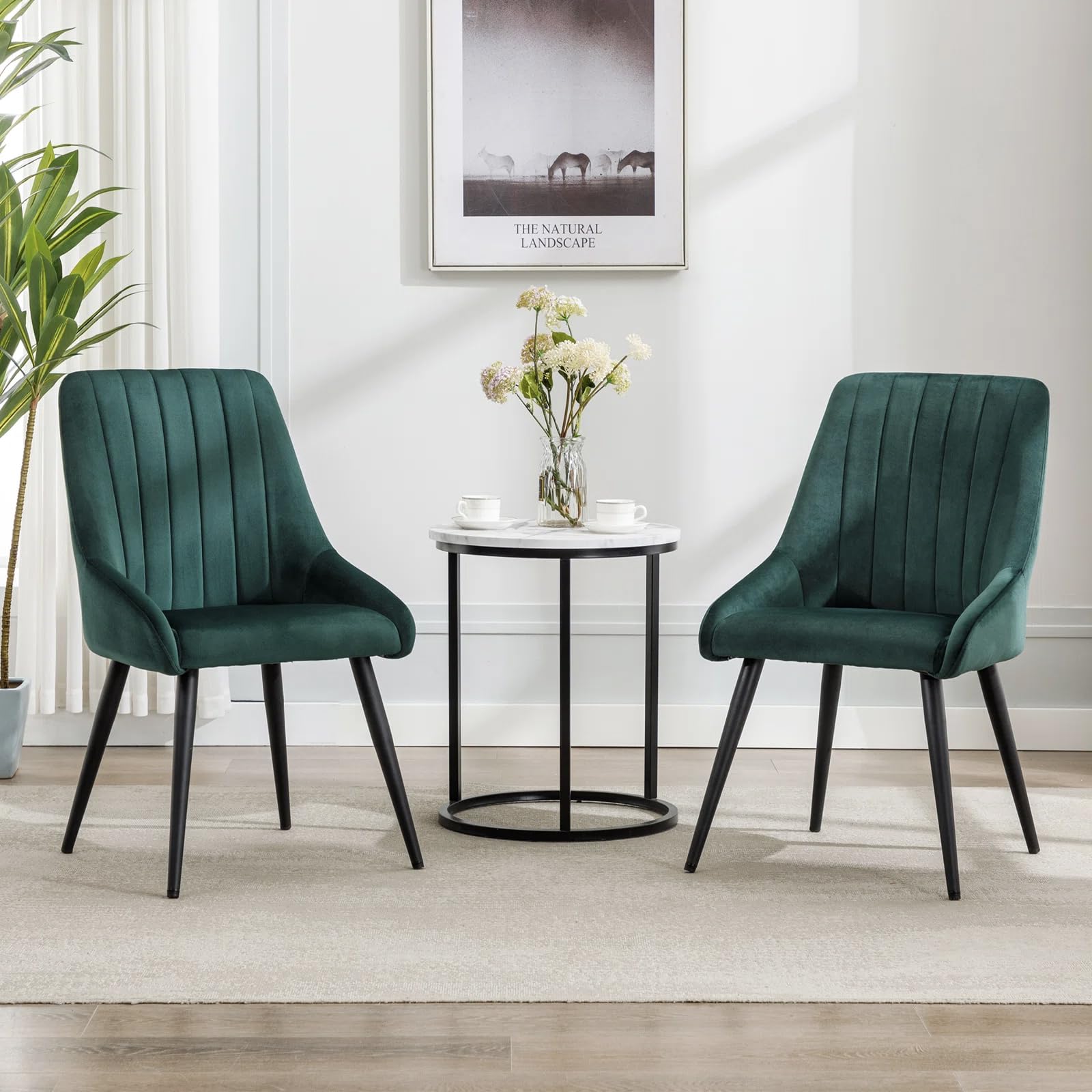 Finch Fox Morris Velvet Dining Chair For Living Room, Bedroom, Home Office With Black Metal Legs In Dark Green Color (Set Of 2)